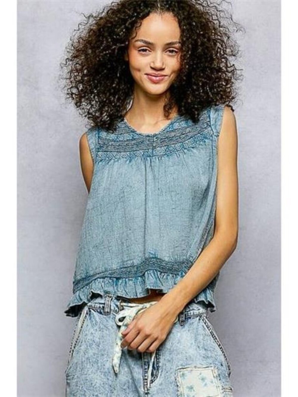 POL Button Closure on Back Ruffled Sleeveless Cotton Blouse with Trim Detail‎